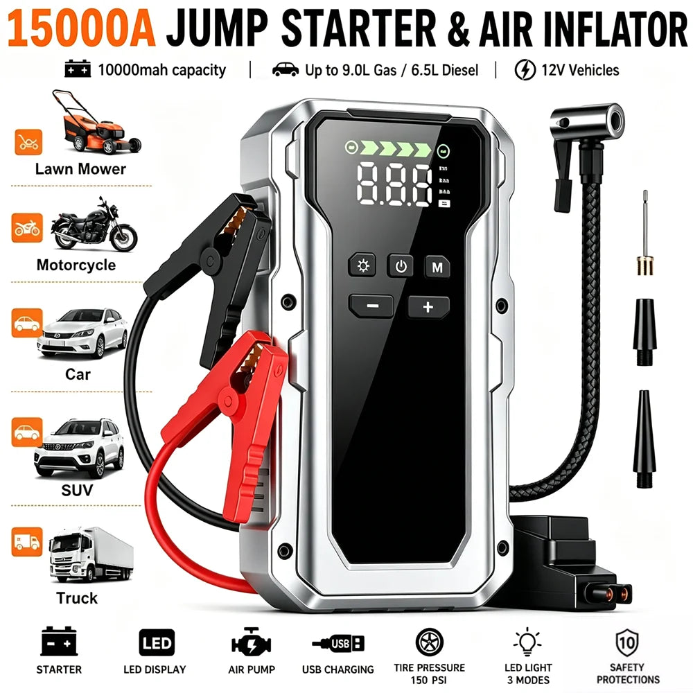 All-in-One Jump Starter & Air Compressor – 15000A Peak, 350 PSI