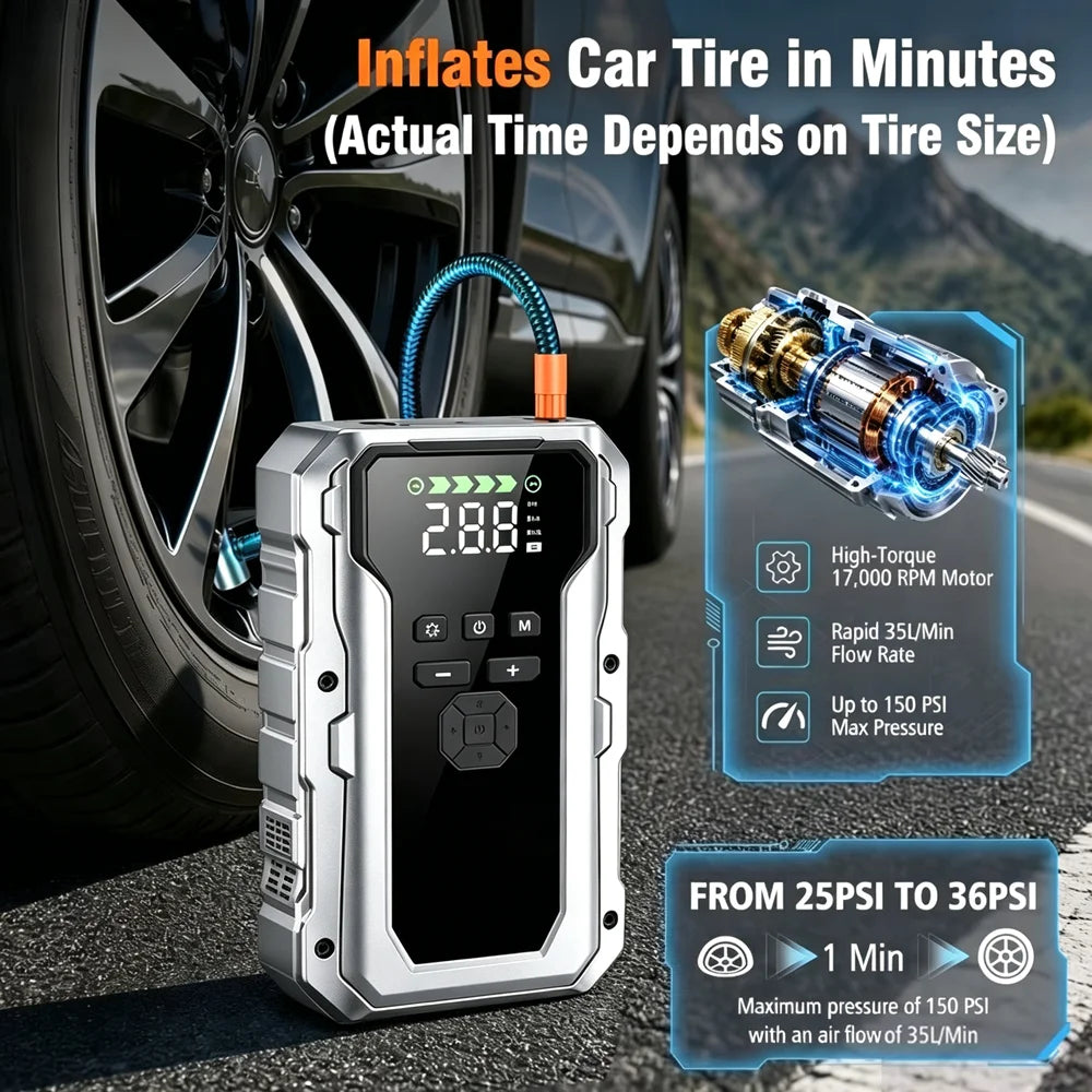 All-in-One Jump Starter & Air Compressor – 15000A Peak, 350 PSI