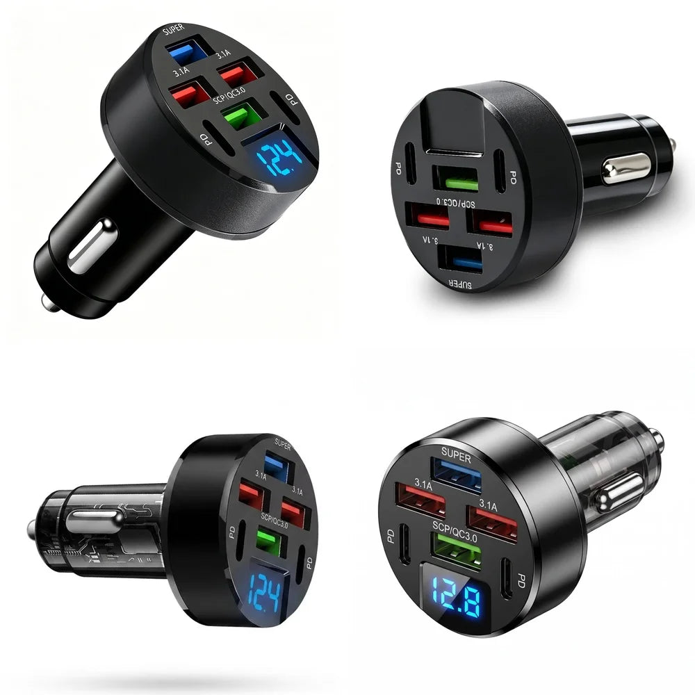 6-Port 100W USB-C Car Charger with LED Voltage Display | Fast Charging for iPhone & Android