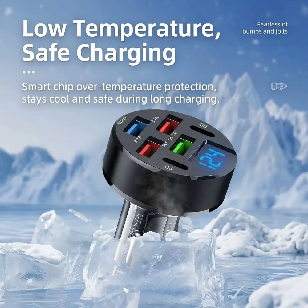 6-Port 100W USB-C Car Charger with LED Voltage Display | Fast Charging for iPhone & Android