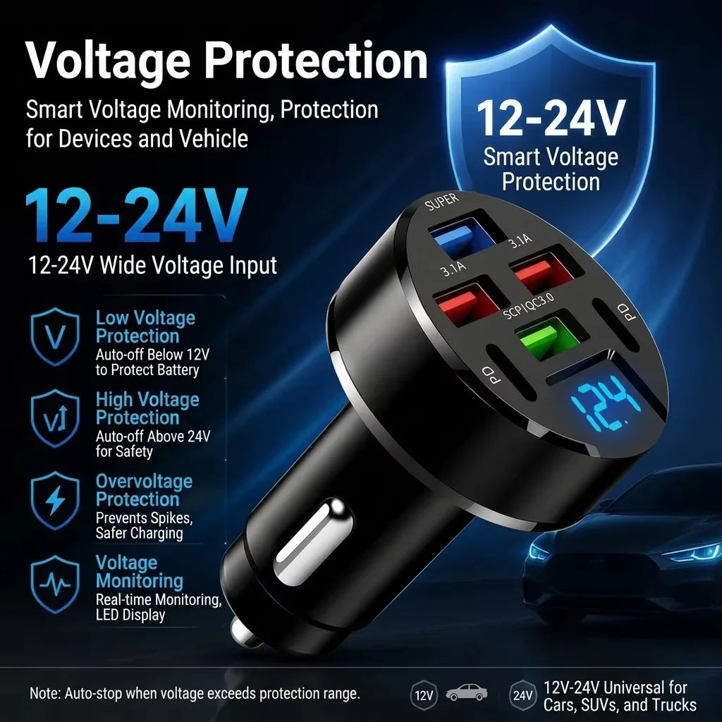 6-Port 100W USB-C Car Charger with LED Voltage Display | Fast Charging for iPhone & Android