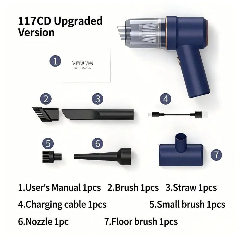 Portable Cordless Car Vacuum Cleaner – 5 Nozzles, USB Charging, 30-Min Runtime