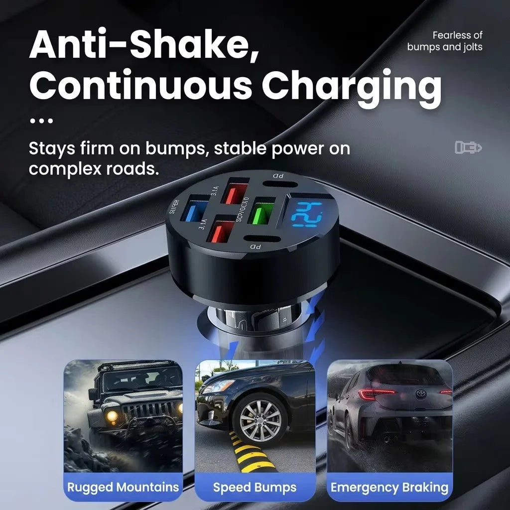 6-Port 100W USB-C Car Charger with LED Voltage Display | Fast Charging for iPhone & Android