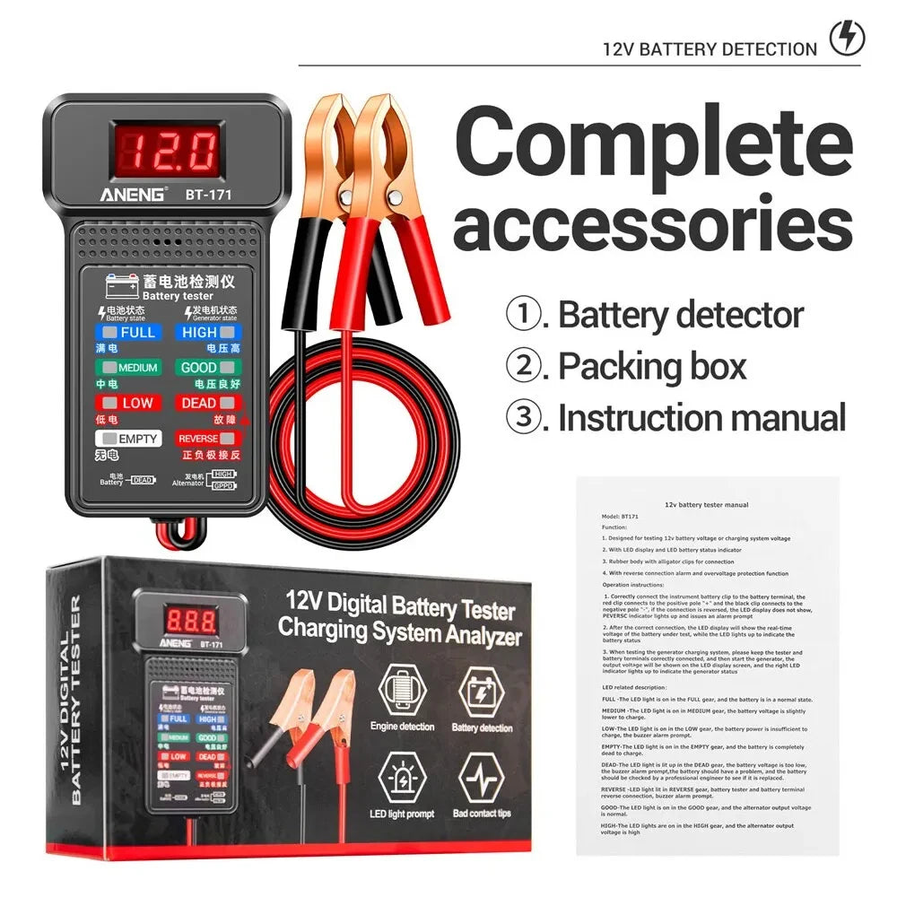 ANENG BT-171 12V Car Battery Tester with LED Display & Reverse Protection