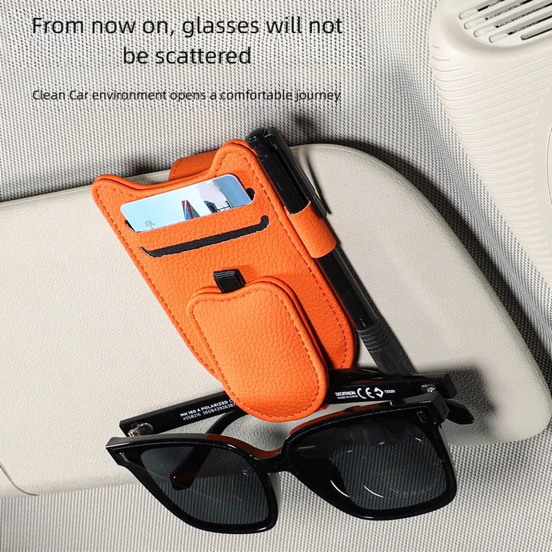 Magnetic Car Sun Visor Sunglasses Holder – PU Leather Glasses & Card Clip