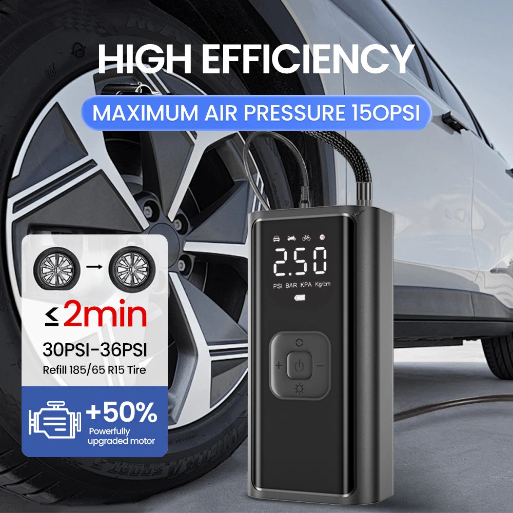 Portable Tire Inflator – 150 PSI Fast Air Compressor for Car, Bike & Motorcycle