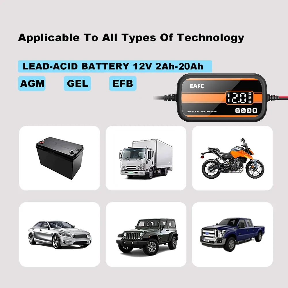 12V Smart Car Battery Charger | 2A Intelligent Digital Display | Cars, SUVs & Motorcycles