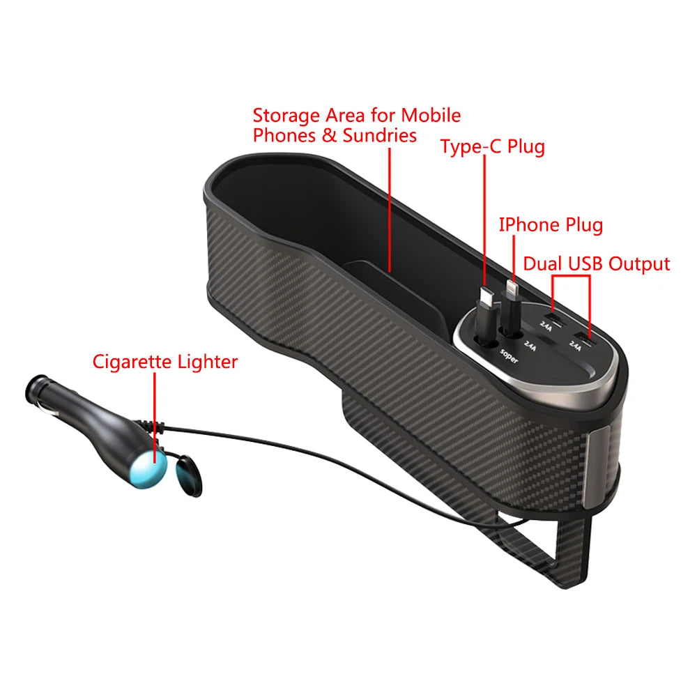 Car Seat Gap Organizer with Dual USB Charging Ports | Cup Holder & Storage