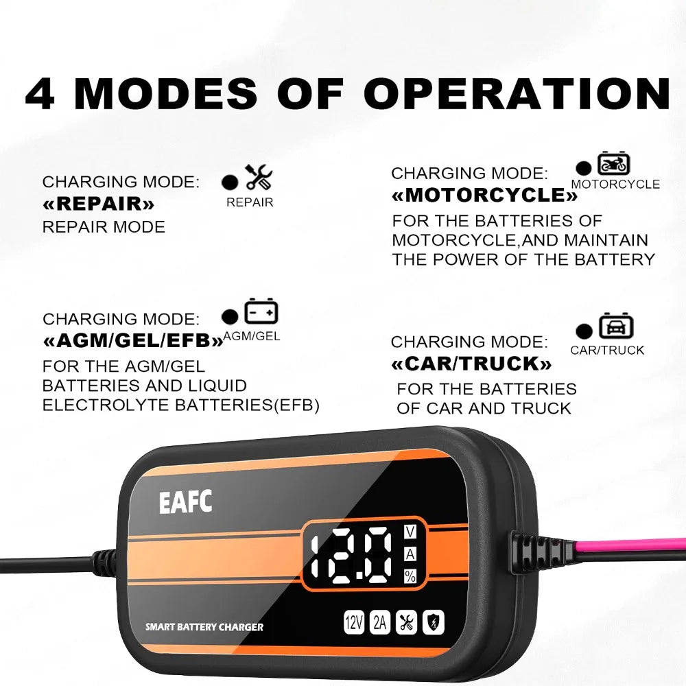 12V Smart Car Battery Charger | 2A Intelligent Digital Display | Cars, SUVs & Motorcycles