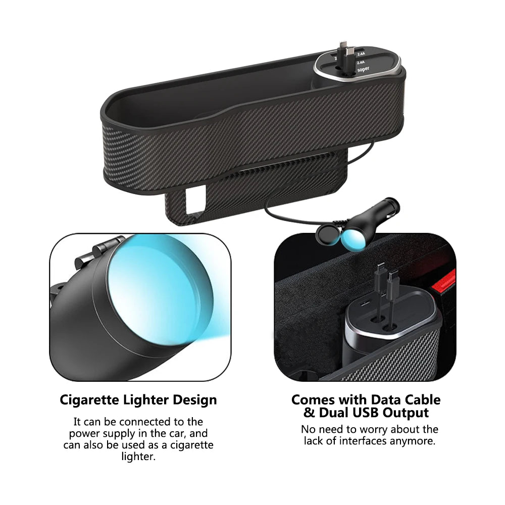 Car Seat Gap Organizer with Dual USB Charging Ports | Cup Holder & Storage