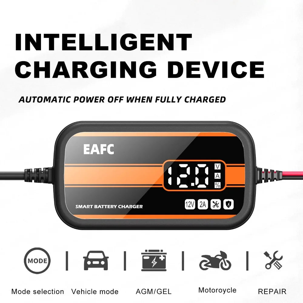 12V Smart Car Battery Charger | 2A Intelligent Digital Display | Cars, SUVs & Motorcycles