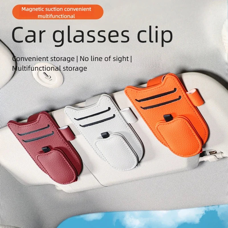 Magnetic Car Sun Visor Sunglasses Holder – PU Leather Glasses & Card Clip
