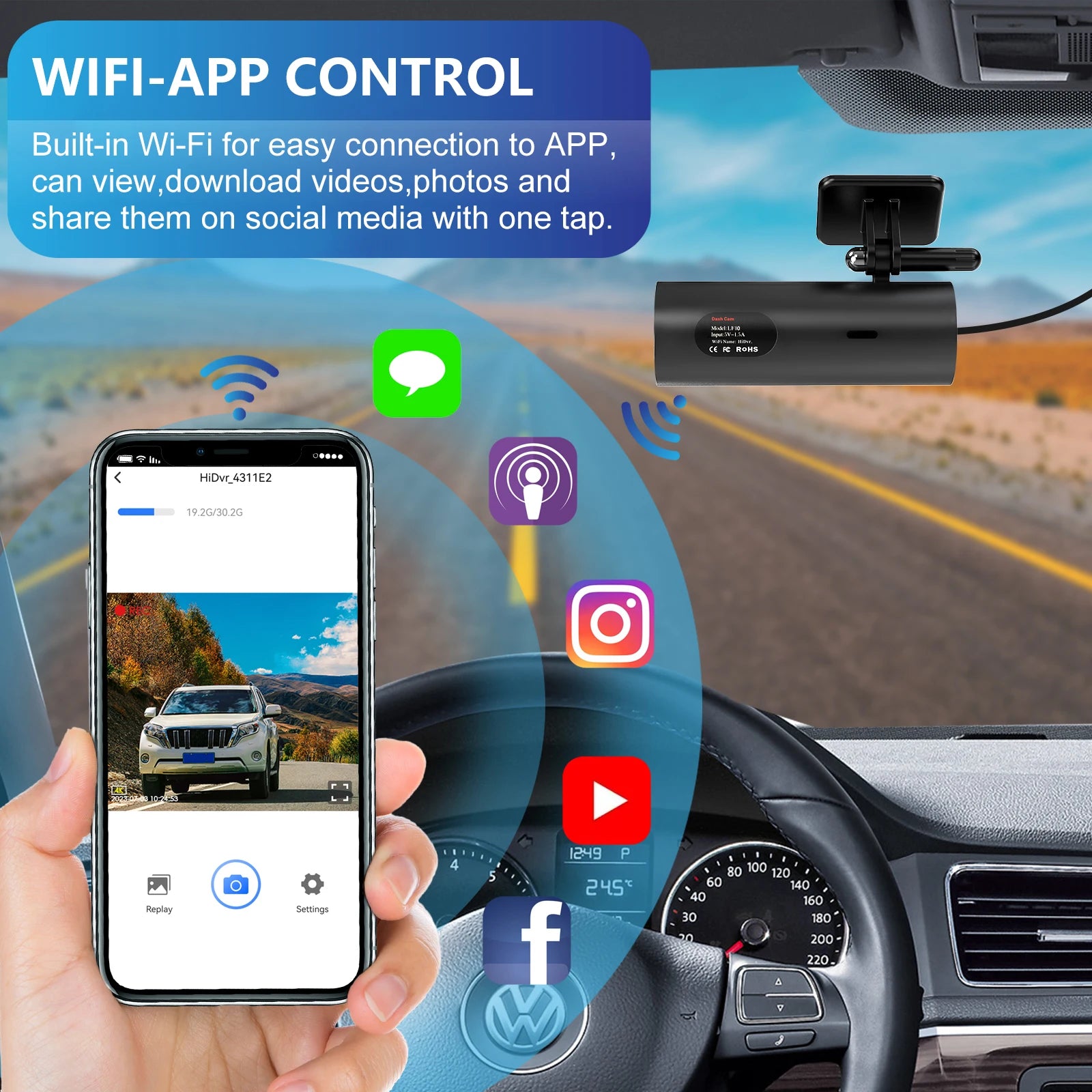 4K Dash Cam – 3840×2160 Car DVR with WiFi, Night Vision & Front Camera