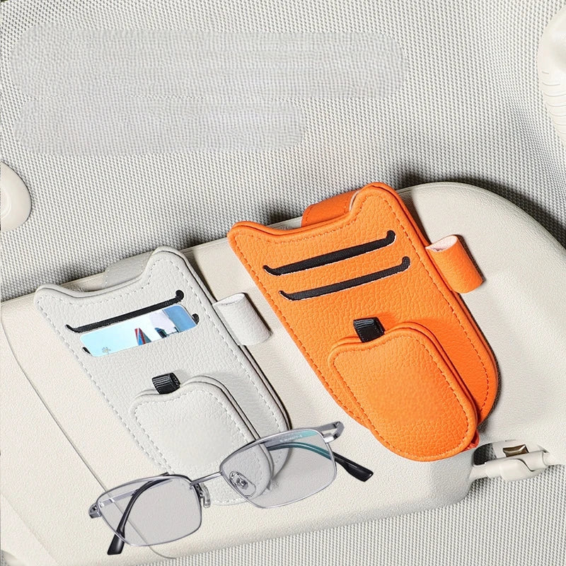 Magnetic Car Sun Visor Sunglasses Holder – PU Leather Glasses & Card Clip