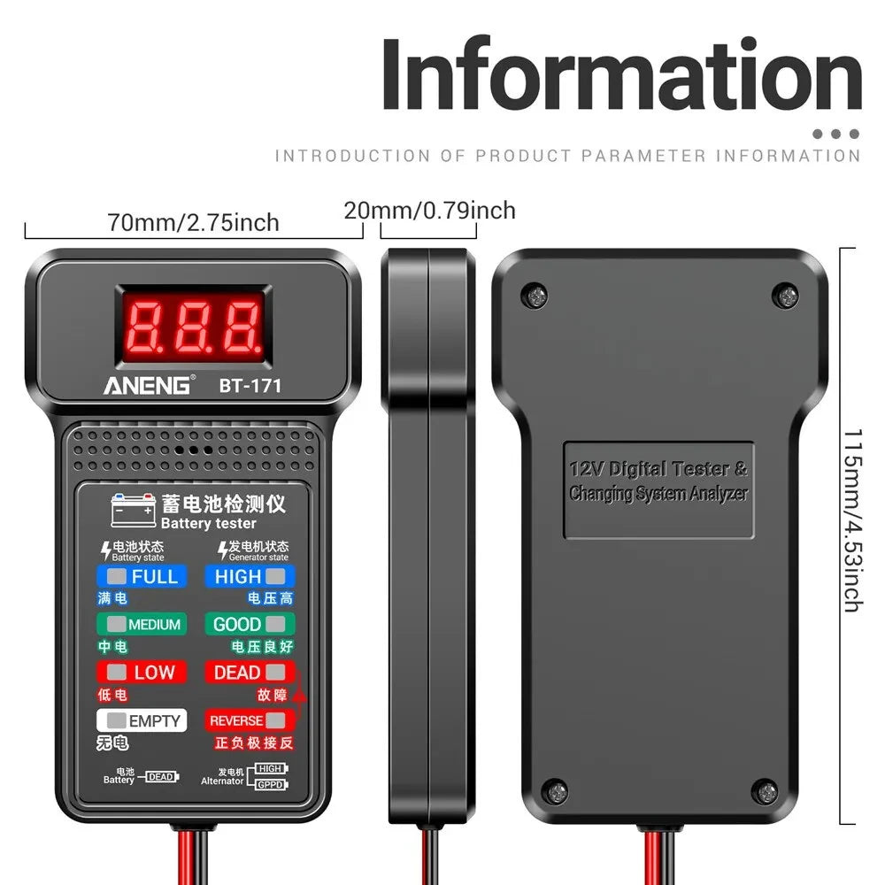 ANENG BT-171 12V Car Battery Tester with LED Display & Reverse Protection