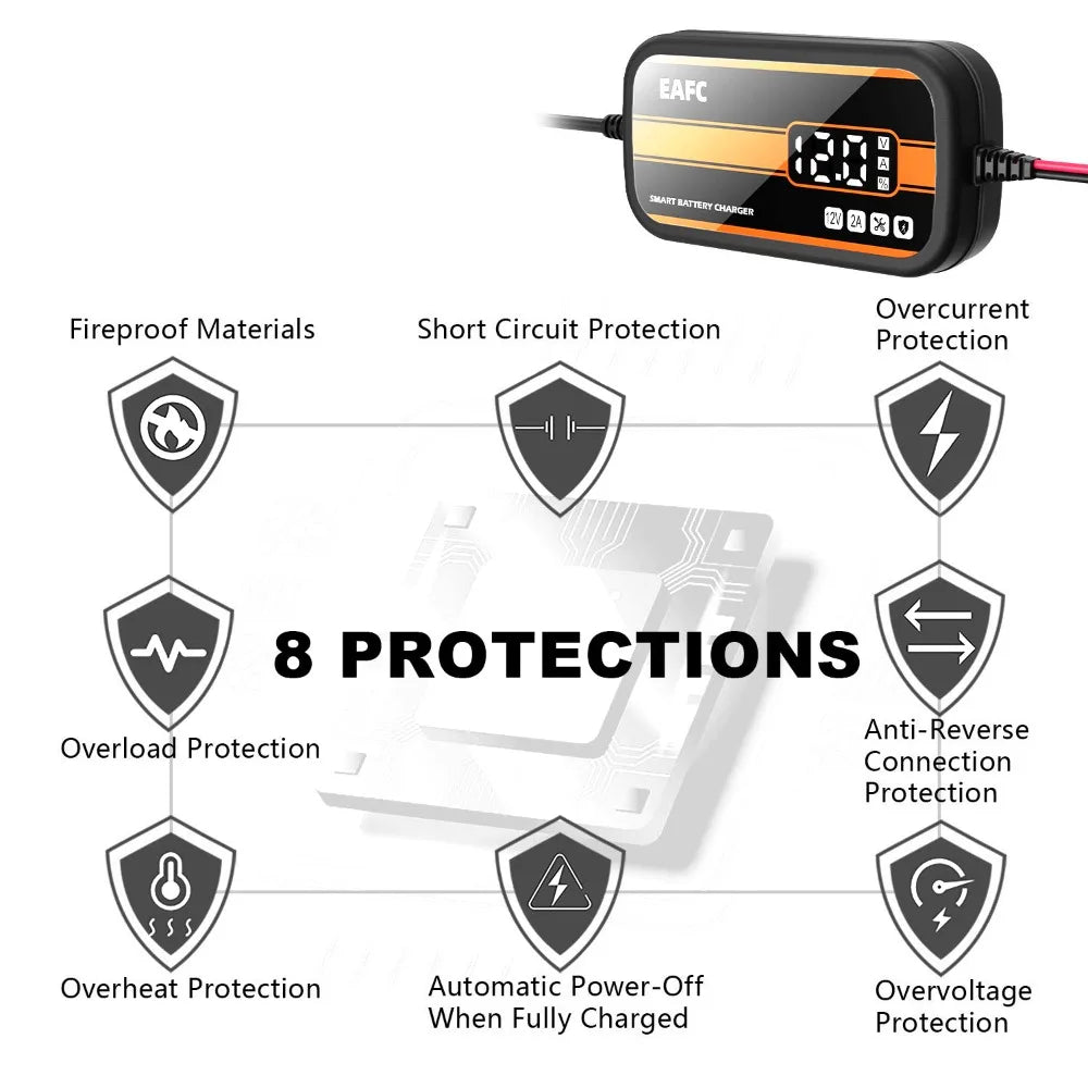 12V Smart Car Battery Charger | 2A Intelligent Digital Display | Cars, SUVs & Motorcycles